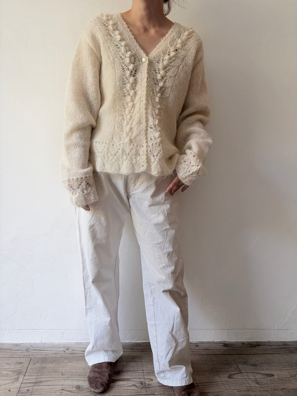 90's White Openwork Knit Cardigan