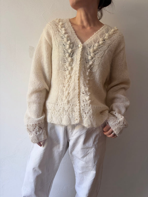 90's White Openwork Knit Cardigan