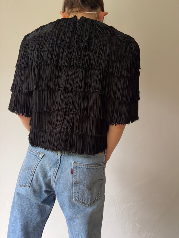 70's-80's ANNE KLEIN Black Fringe Top.U.S.A.