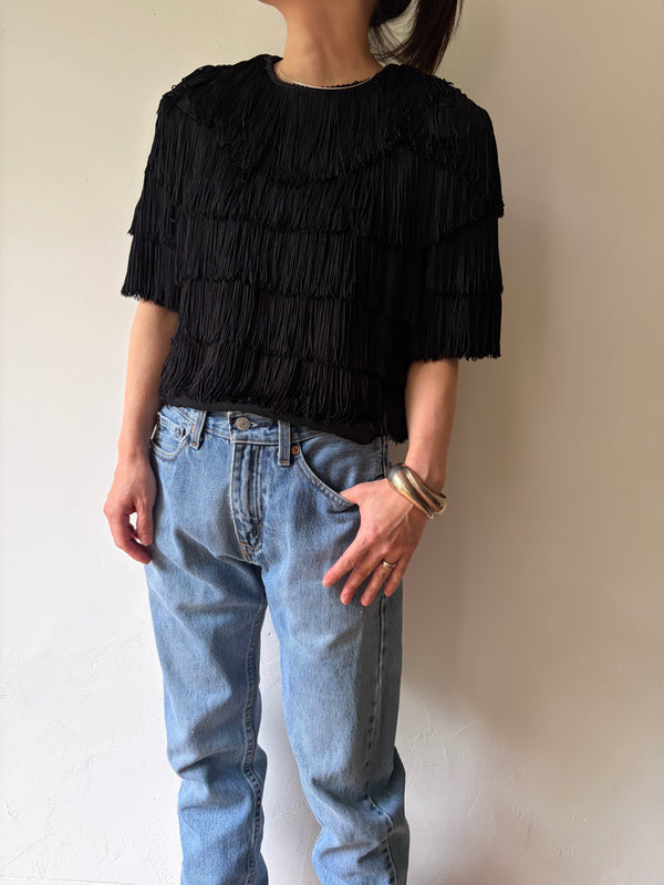70's-80's ANNE KLEIN Black Fringe Top.U.S.A.